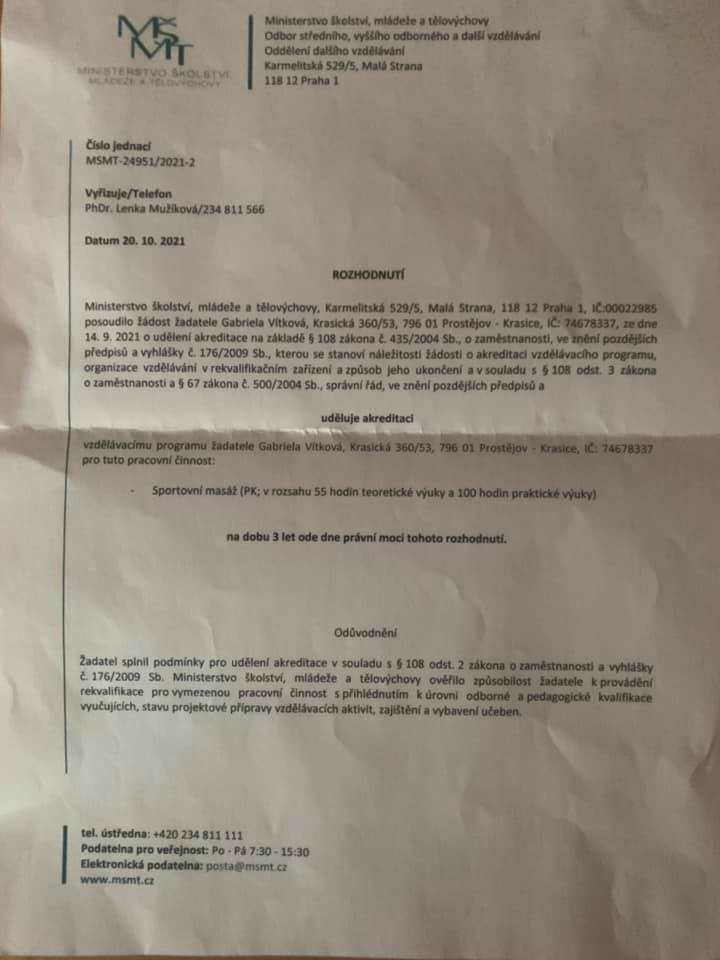 akreditace sportovní masáž